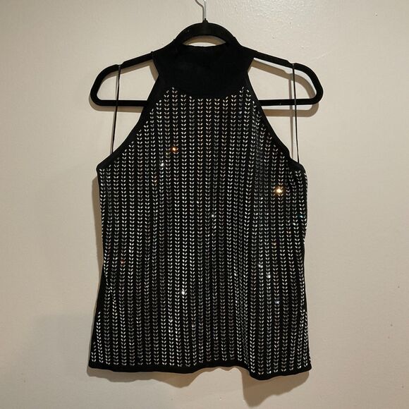 INC International Concepts Black Halter Top XL NWT Gem Studded Sleeveless Party - Picture 1 of 9
